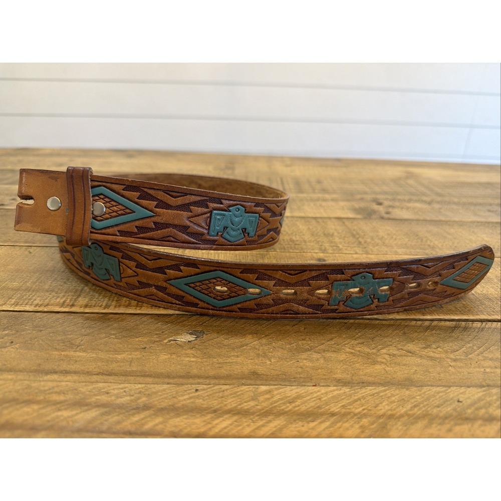 Vintage Southwestern Tooled Leather Belt w/ Turquoise Thunderbird Inlay 32